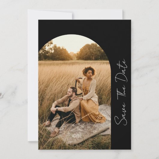 Foto van Modern Arched Lijst Wedding Black Save The Date (Voorkant)