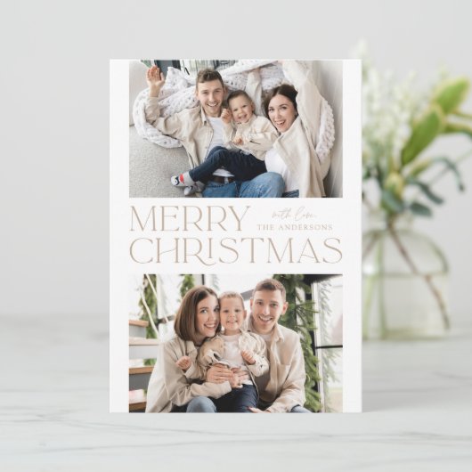 Foto van Modern Beige Merry 2 Feestdagenkaart (Staand voorkant)
