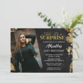 Foto van Modern Black and Gold Surprise Kaart (Staand voorkant)