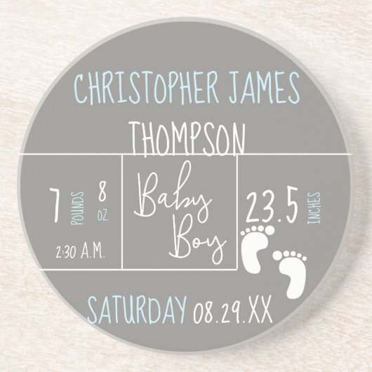 Foto van Modern Blue Grey Baby Birth Aankondiging Zandsteen Onderzetter (Voorkant)