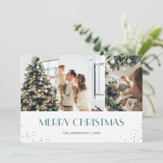 Foto van Modern Blue Snowy Merry 2 Feestdagenkaart (Staand voorkant)