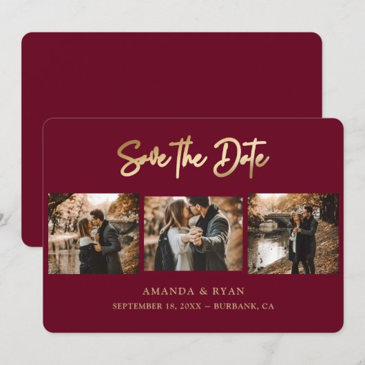 Foto van Modern Burgundy en Gold Foil Wedding 3 Save The Date (Voorkant / Achterkant)