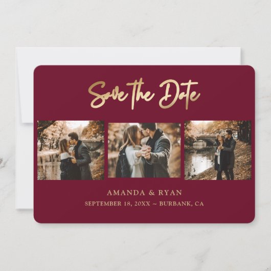 Foto van Modern Burgundy en Gold Foil Wedding 3 Save The Date (Voorkant)