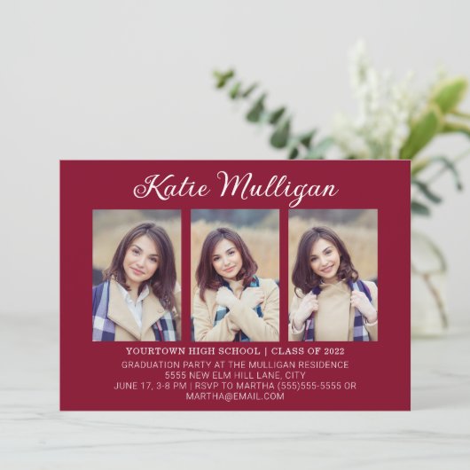Foto van Modern Burgundy Graduation Party Kaart (Staand voorkant)