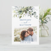 Foto van Modern Dusty Blue Waterverf Greenery Save The Date (Staand voorkant)