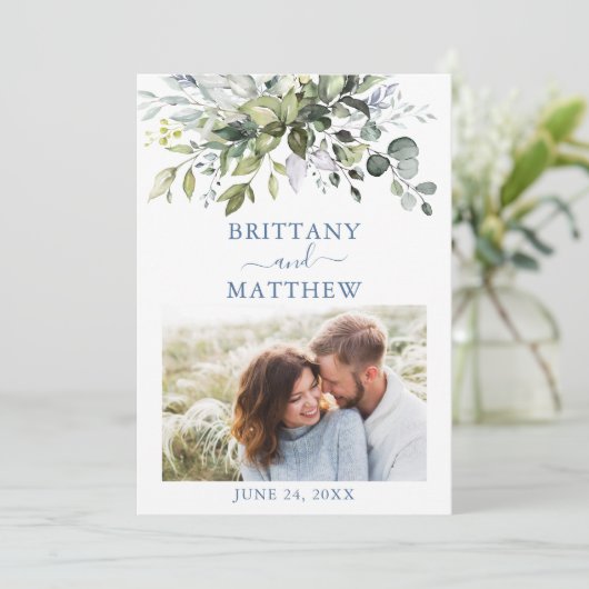 Foto van Modern Dusty Blue Waterverf Greenery Save The Date (Staand voorkant)