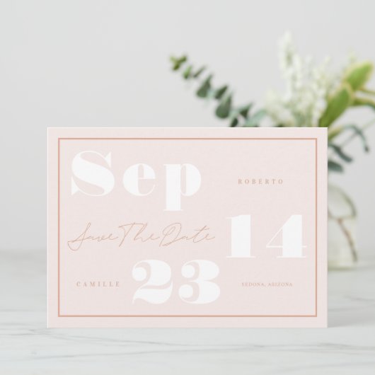 Foto van modern Geometric Blush Bold Print Couple Save The Date (Staand voorkant)
