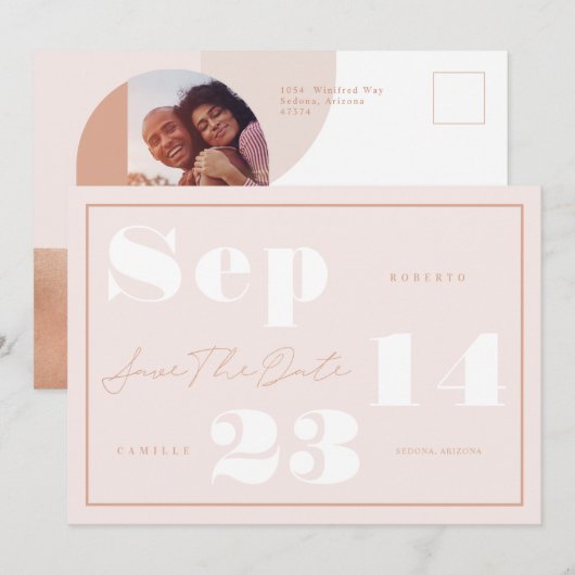 Foto van modern Geometric Blush Bold Print Couple Save The Date (Voorkant / Achterkant)