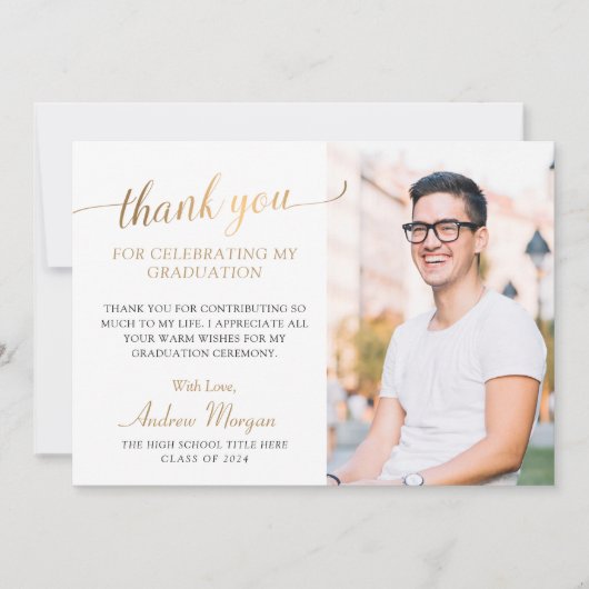 Foto van modern Gold Script Black & White Afstuder Bedankkaart (Voorkant)