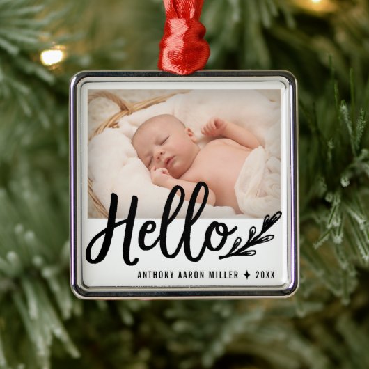 Foto van Modern Hallo Birth Announcement Metalen Ornament (Boom)