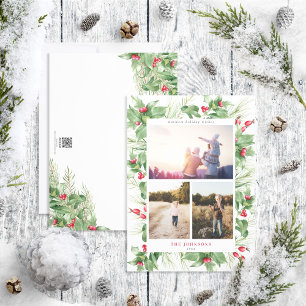 Foto van Modern Holly Berry Greenery 3 Feestdagenkaart