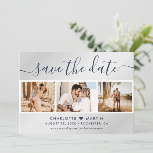 Foto van Modern Navy Blue en Silver Wedding 4 Save The Date (Staand voorkant)