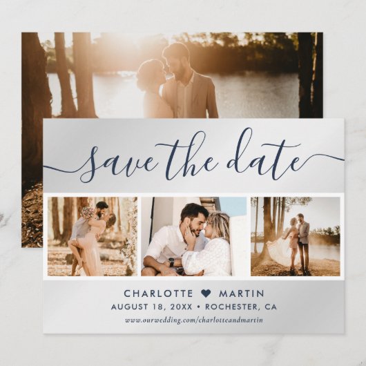 Foto van Modern Navy Blue en Silver Wedding 4 Save The Date (Voorkant / Achterkant)