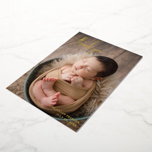 Foto van modern script - Bedankt geboorteaankondig Folie Uitnodiging (Gedraaid)