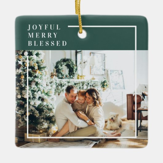 Foto van moderne familie | Joyful Merry Blessed | Keramisch Ornament (Voorkant)