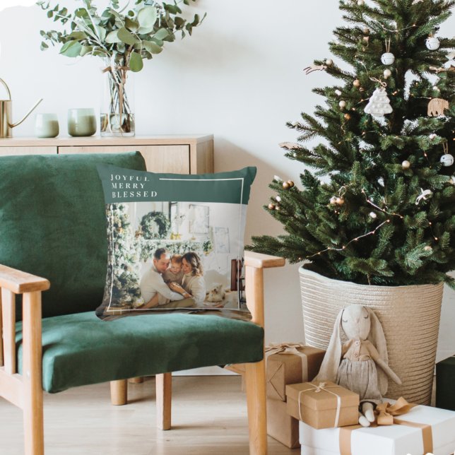 Foto van moderne familie | Joyful Merry Blessed |  Kussen (Creator heeft geüpload)