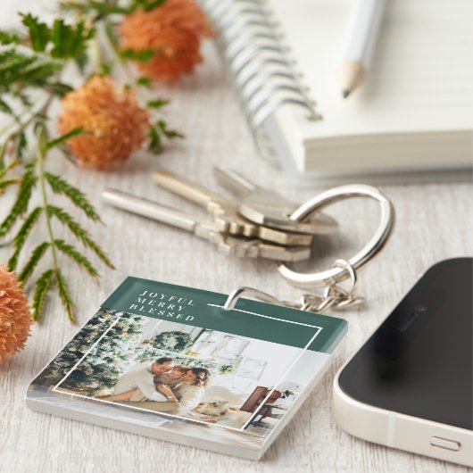 Foto van moderne familie | Joyful Merry Blessed |  Sleutelhanger (Voorkant Rechts)