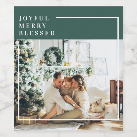 Foto van moderne familie | Joyful Merry Blessed |  Wijn Etiket (Enkel label)