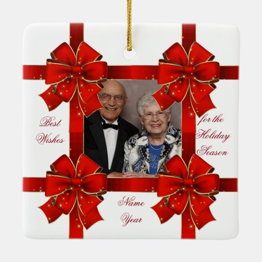 Foto van mousserende rode bow Season Foto Keramisch Ornament (Achterkant)