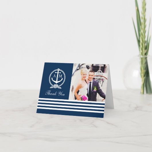Foto van Nautical Navy Blue Wedding Monogram Bedankkaart (Voorkant)