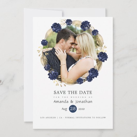 Foto van Navy and Gold Floral Wedding Save The Date (Voorkant)