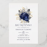 Foto van Navy en Silver Floral Bat Mitzvah Folie Uitnodiging<br><div class="desc">Koel de waterverf met de uitnodiging Bat Mitzvah in accenten van blauw,  zilver en goud die aan uw specificaties van de gebeurtenis kunnen worden aangepast.</div>