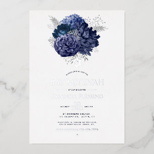 Foto van Navy en Silver Floral Bat Mitzvah Folie Uitnodiging