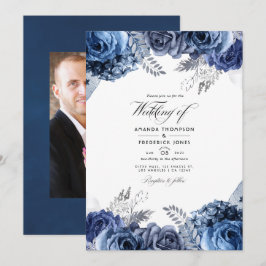 Foto van Navy en Silver Foil Floral Wedding Kaart