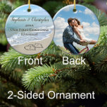 Foto van On Back First Christmas Engaged Beach Hea Keramisch Ornament<br><div class="desc">Add your favorite color foto on back! Celebrate your engagement while planning a beach wedding or honeymoon with this keepsake engagement ornament. Interlocking beach wedding hearts drawn in the sand makes an elegant tropical ocean coastal nautical theme wedding, matching set of items. Pretty turquoise water waves crashing on the shore...</div>