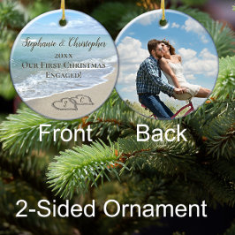 Foto van On Back First Christmas Engaged Beach Hea Keramisch Ornament