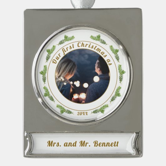 Foto van ons eerste kerstscript verzilverd banner ornament (Voorkant)