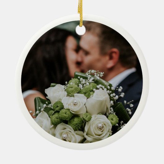 Foto van onze eerste kerstbruiloft keramisch ornament (Achterkant)