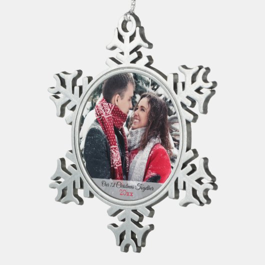 Foto van onze eerste kerstfeest samen tin sneeuwvlok ornament (Rechts)