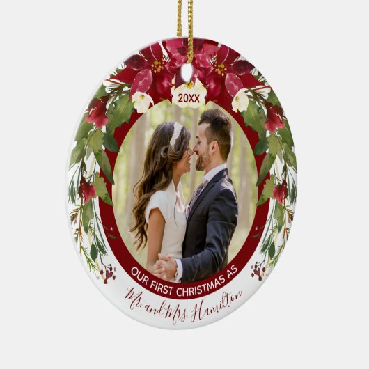 Foto van onze eerste Kerstmis, mevrouw Poinsettia Keramisch Ornament (Rechts)