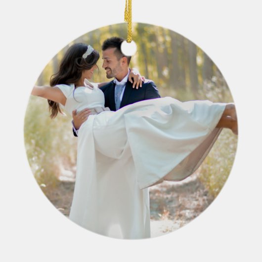 Foto van onze eerste Kerstmis, mevrouw Poinsettia  Keramisch Ornament (Achterkant)