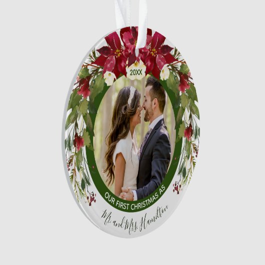 Foto van onze eerste Kerstmis, mevrouw Poinsettia  Ornament (voorkant)