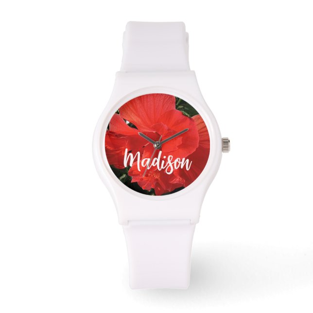 Foto van Oranje Dubbele Hibiscus Aangepaste Naam Horloge (Voorkant)