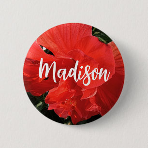 Foto van Oranje Dubbele Hibiscus Aangepaste Naam Ronde Button 5,7 Cm