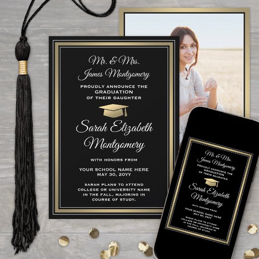 Foto van ouders Black Gold & White Graduation Aankondiging