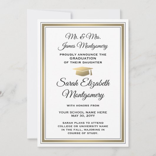 Foto van ouders White Black & Gold Afstuderen Aankondiging (Voorkant)