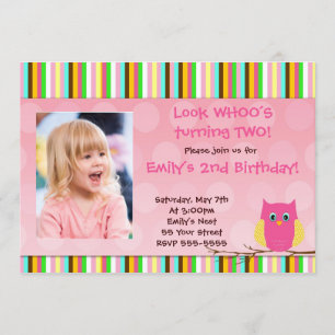 Foto van Owl Invitation Girl Birthday Party Stripe Kaart