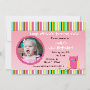 Foto van Owl Invitation Girl Birthday Party Stripe Kaart