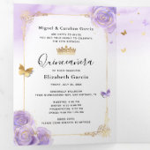 Foto van Paars Licht en Gold Quinceanera Drieluik Uitnodiging (Binnenzijde eerst)