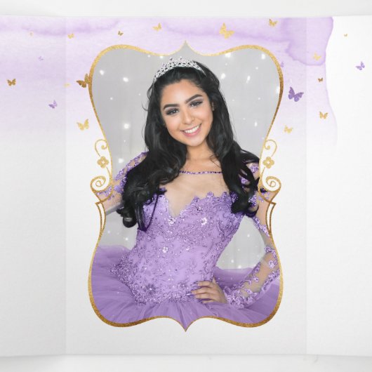 Foto van Paars Licht en Gold Quinceanera Drieluik Uitnodiging