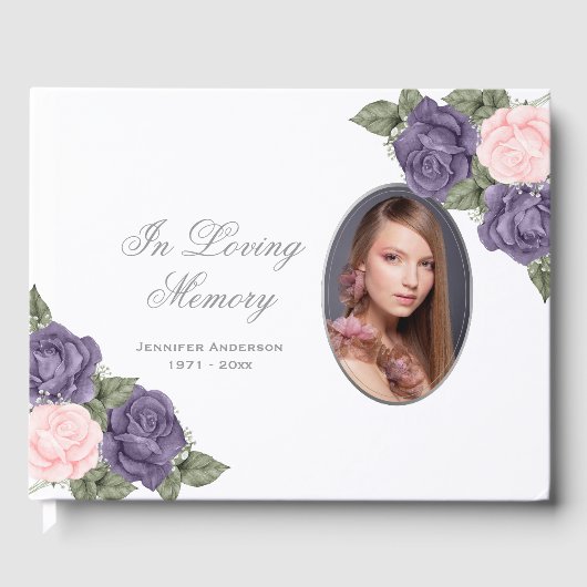 Foto van Paars Pink Silver Floral Memorial Funeral Gastenboek (Voorkant)