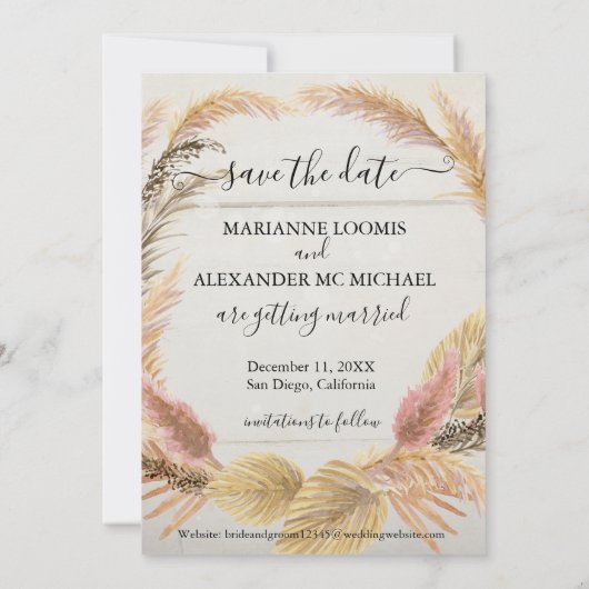 Foto van Pampas Grass Rustic Wood Script Save The Date (Achterkant)