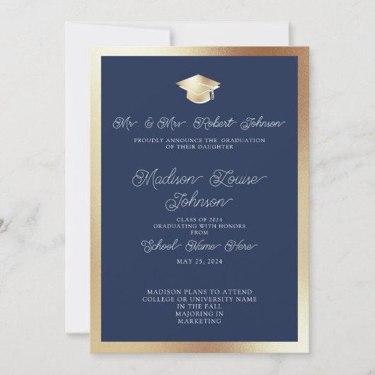 Foto van Parents Navy Blue & Gold Afstuderen Kaart (Voorkant)