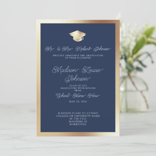 Foto van Parents Navy Blue & Gold Afstuderen Kaart (Staand voorkant)