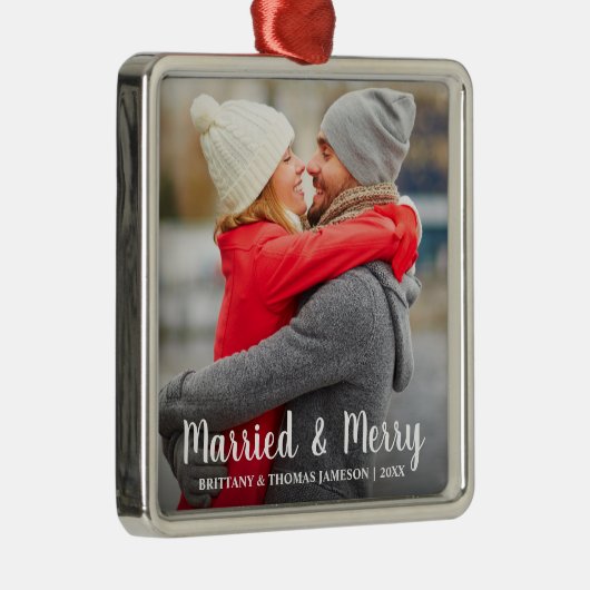 Foto van Pas getrouwd met huwelijk en huwelijk Metalen Ornament (Rechts)