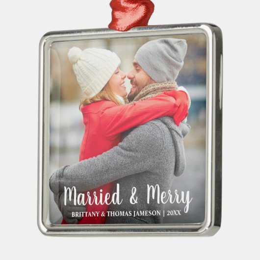 Foto van Pas getrouwd met huwelijk en huwelijk Metalen Ornament (Links)